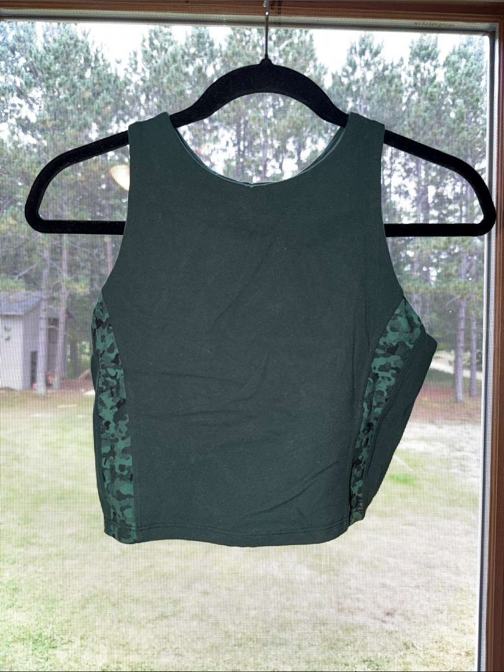 Athleta Dark Green Cropped Tank Top with Patterned Side Panels